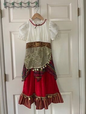 Girls' Red & White Gypsy Costume Dress with Gold Accents